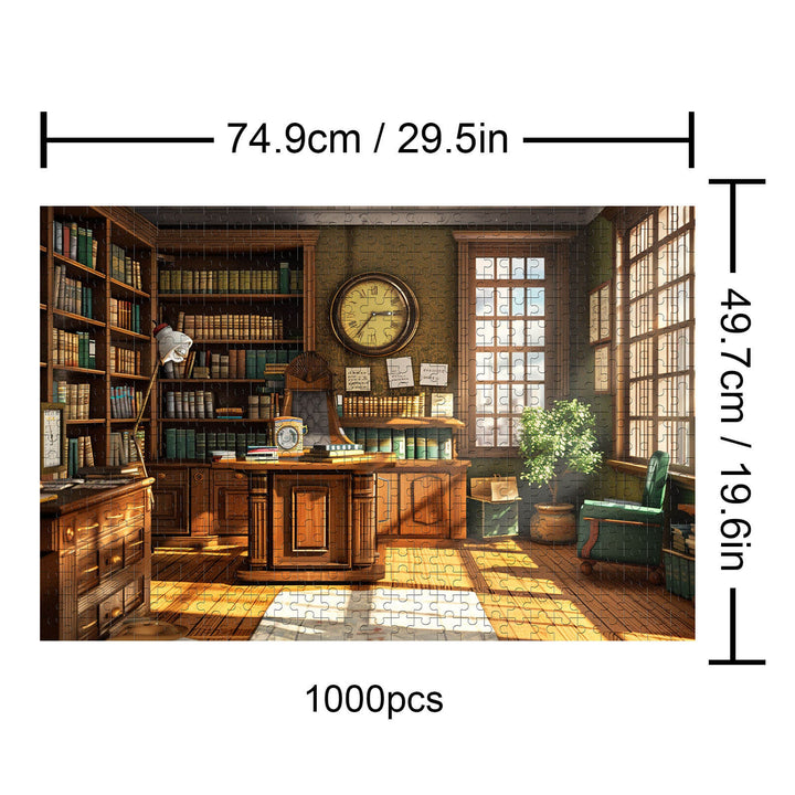 Exquisite Study 1000-piece puzzle featuring a cozy library scene with bookshelves and a vintage desk.