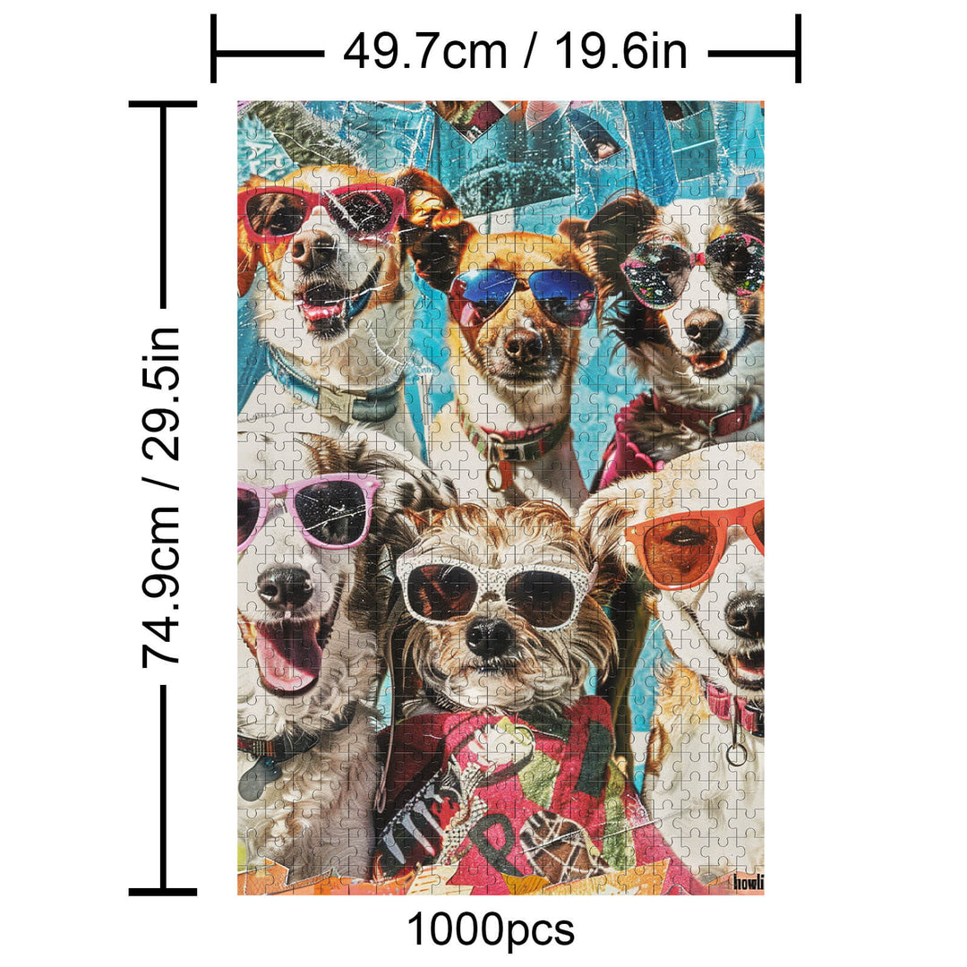 Colorful 1000-piece Holiday Puppy puzzle featuring dogs in sunglasses, perfect for puzzle enthusiasts and mind games.
