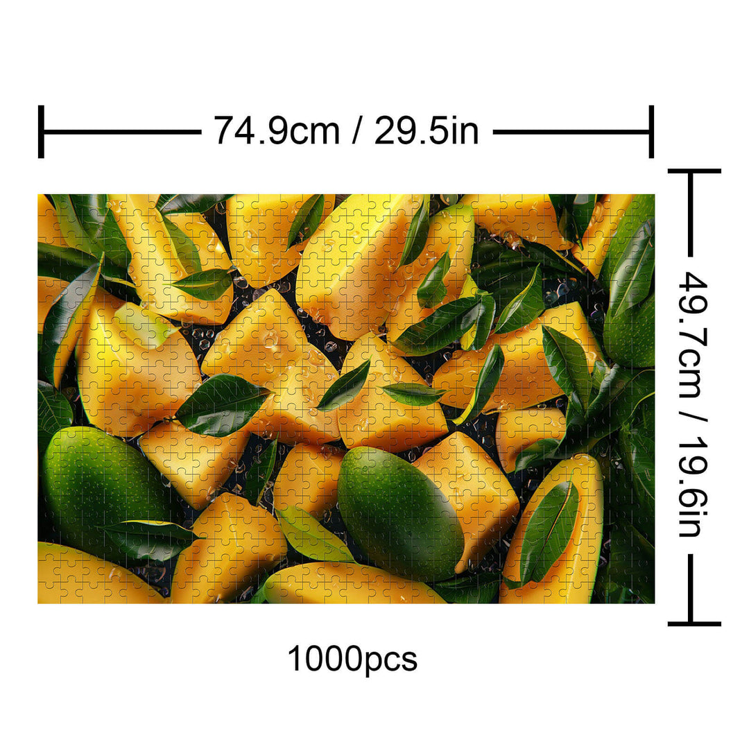 Fresh Mango 1000-piece puzzle featuring vibrant mango slices and green leaves, perfect for puzzle enthusiasts.