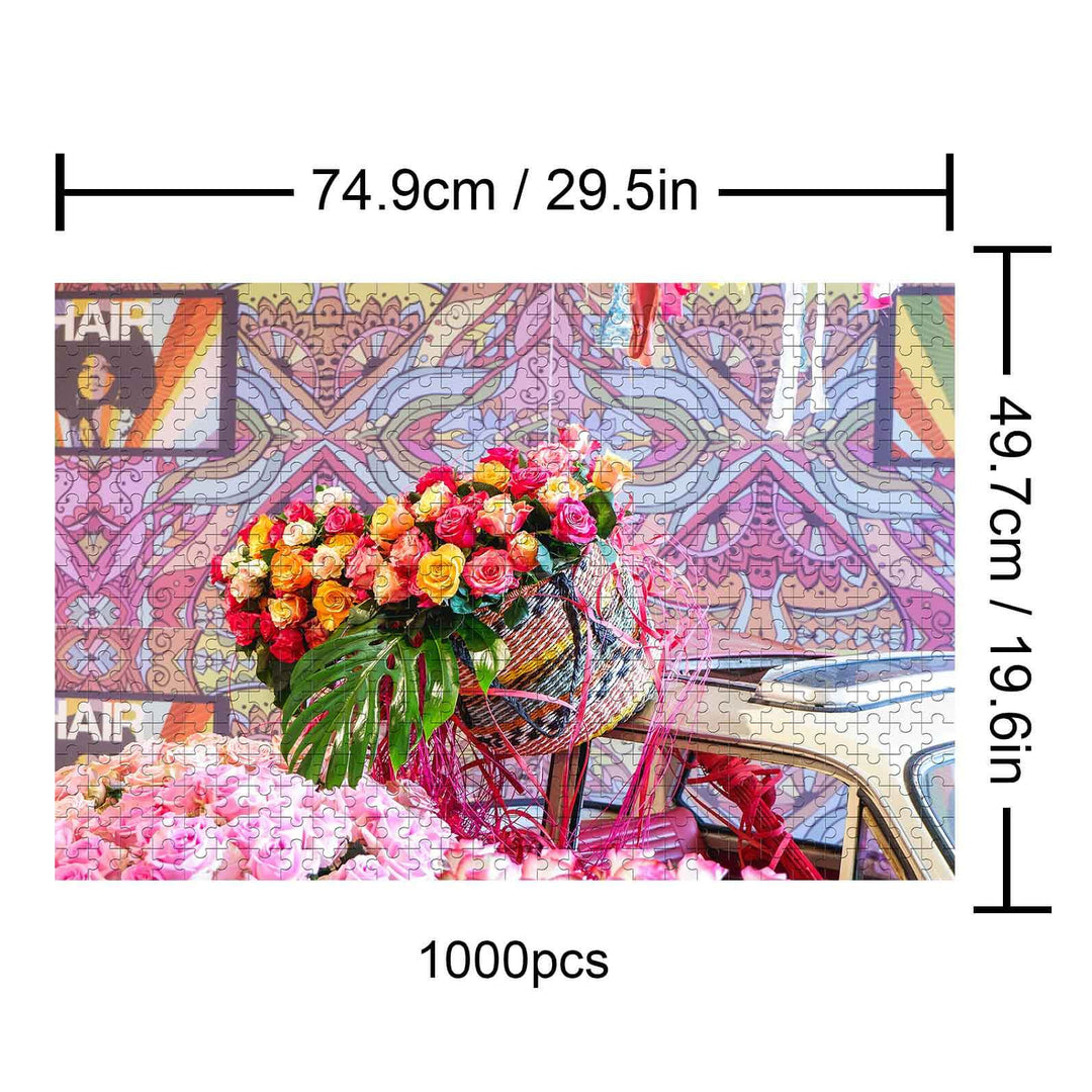 Happy Flower Basket 1000-piece puzzle featuring colorful flowers and vibrant background, perfect for mind games and focus.