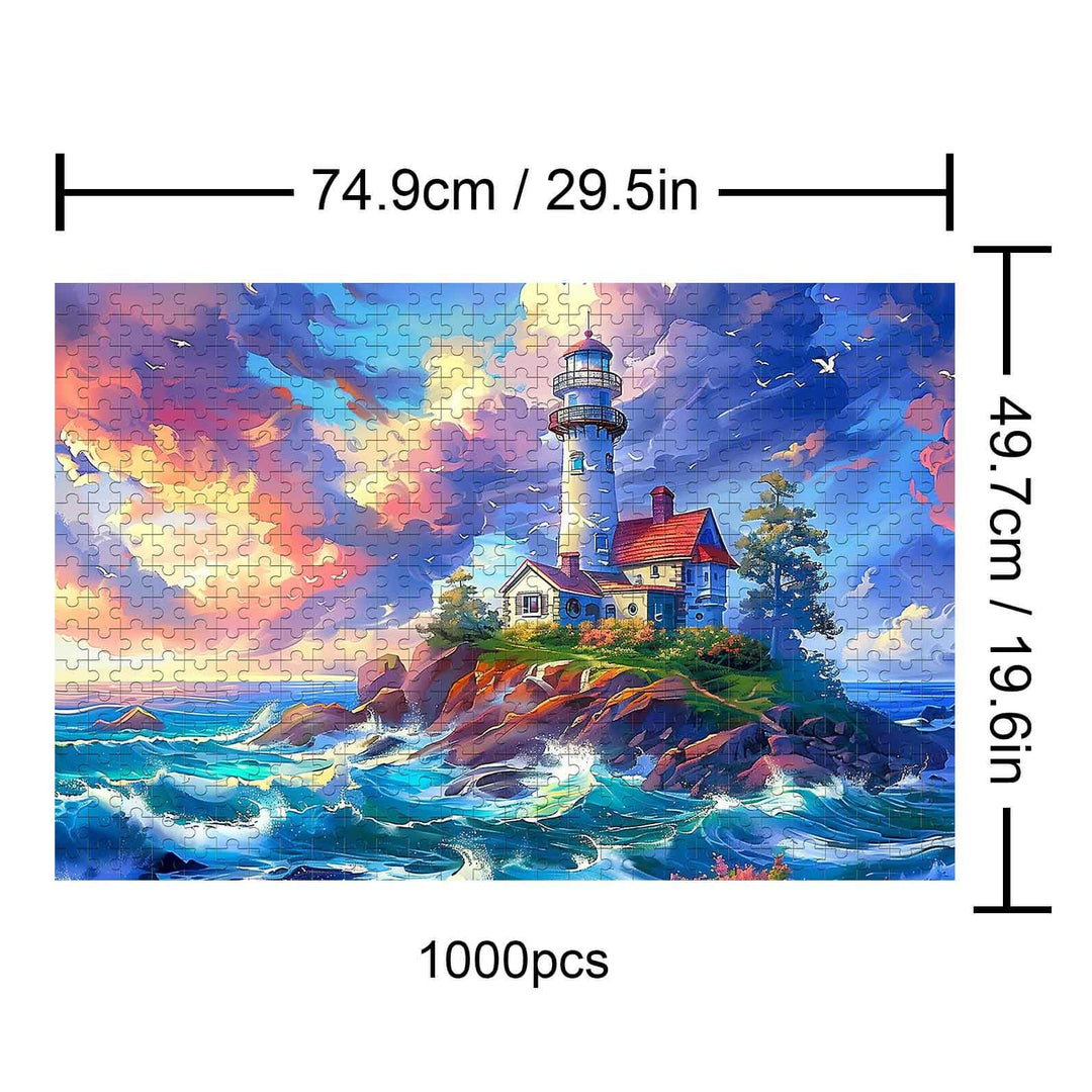 Lonely Island Lighthouse 1000 piece puzzle featuring a vibrant coastal scene with a lighthouse and colorful sky.