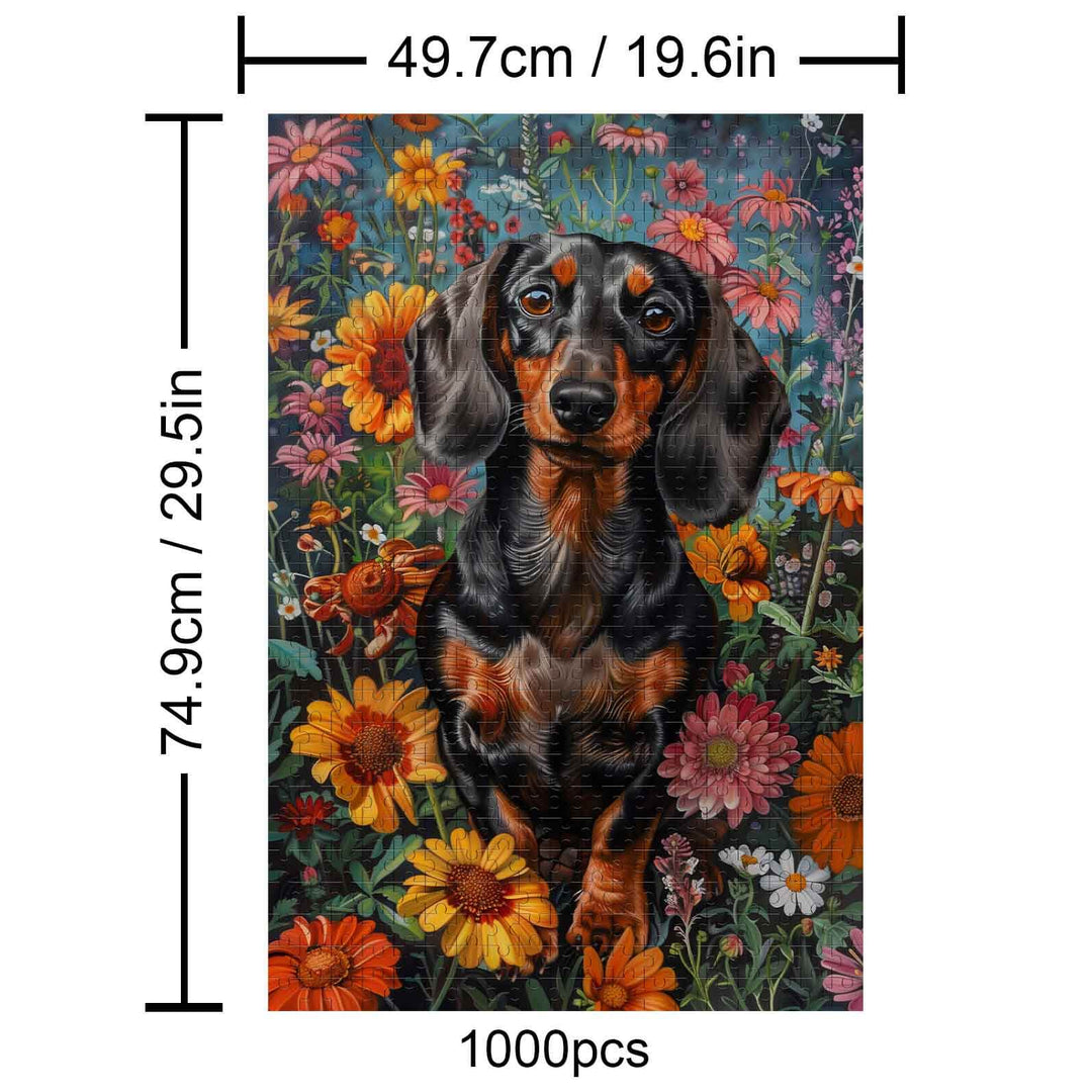 Dachshund surrounded by colorful flowers in a 1000 piece jigsaw puzzle, perfect for puzzle lovers and mind games.