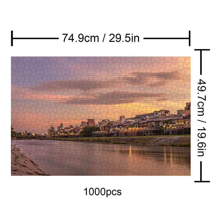 Sunset River City 1000 piece puzzle featuring a picturesque river view at sunset, perfect for enhancing focus and cognitive skills.