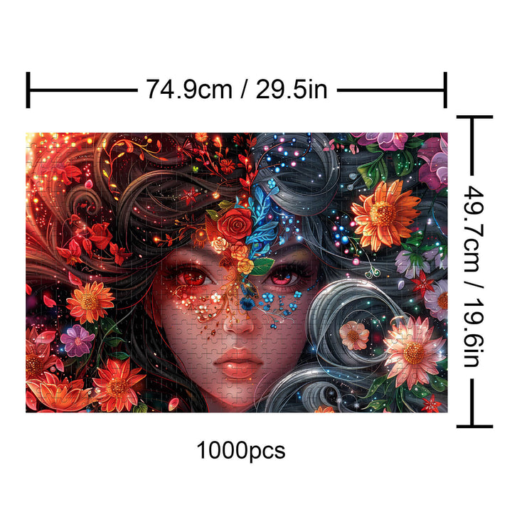 Yin Yang Girl 1000 piece puzzle featuring a vibrant woman surrounded by flowers and enchanting colors.