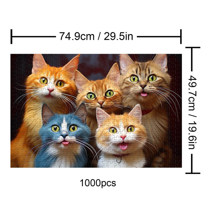 Colorful 1000-piece puzzle featuring five adorable cats, perfect for engaging puzzle enthusiasts.