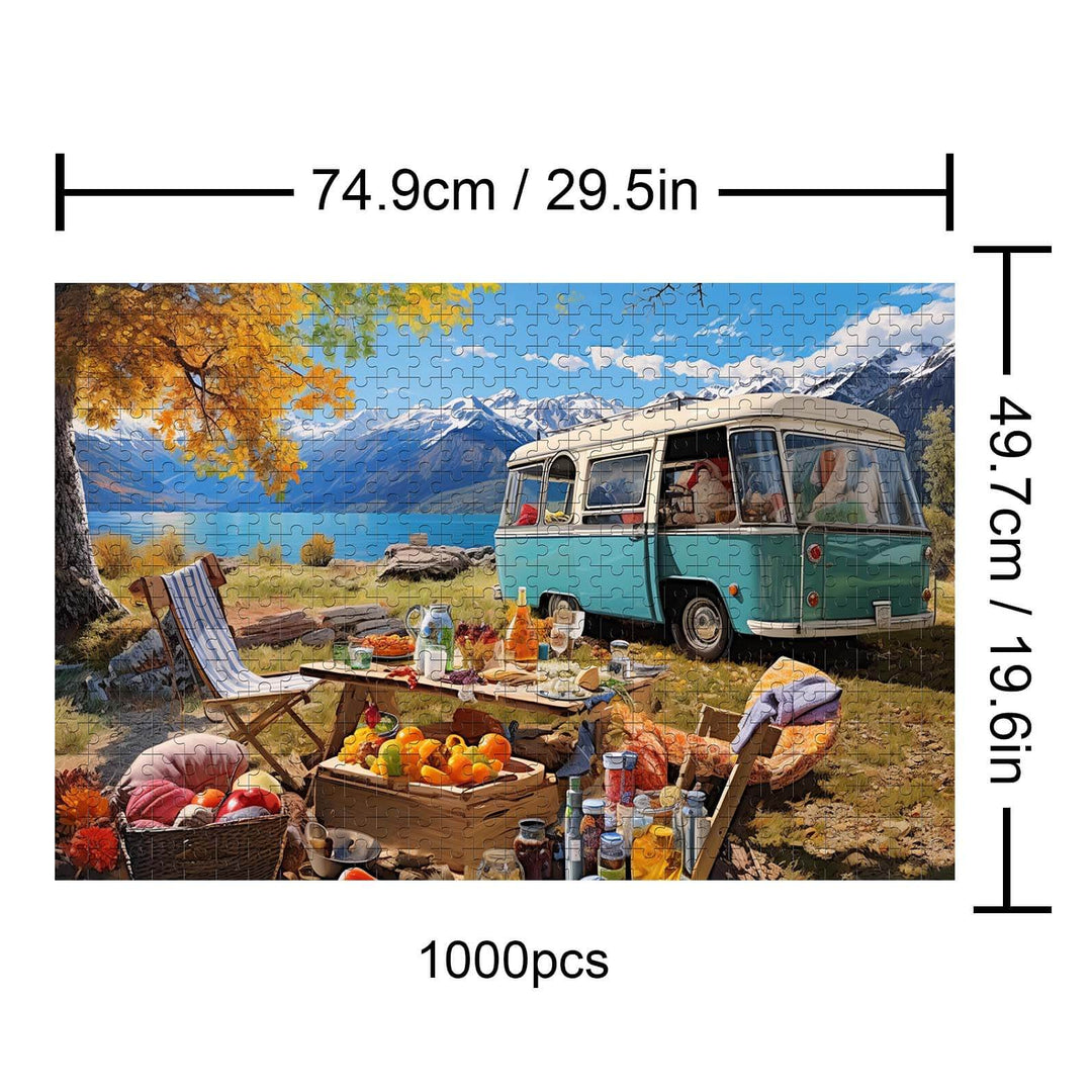 Relaxing camping scene with a vintage van and picnic setup, featuring colorful puzzle pieces for 1000-piece jigsaw enthusiasts.