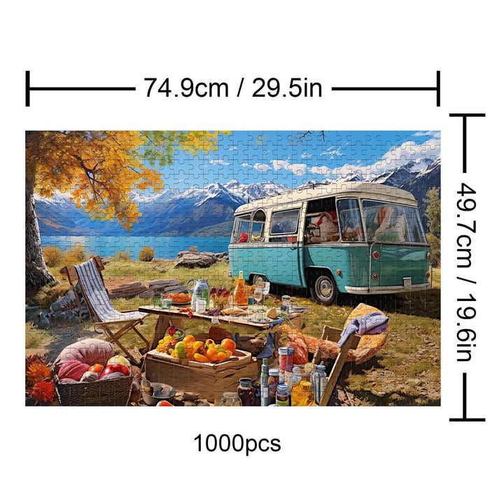 Relaxing camping scene with a vintage van and picnic setup, featuring colorful puzzle pieces for 1000-piece jigsaw enthusiasts.