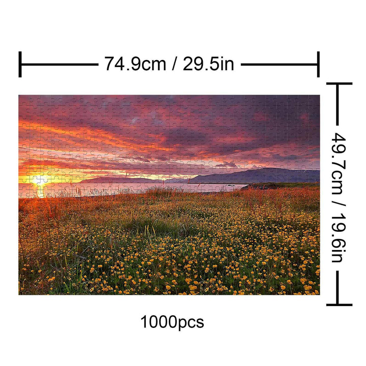 Lakeside Sunset 1000 piece puzzle showcasing a vibrant sunset over a scenic landscape with flowers.