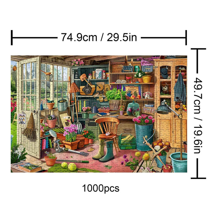 Detailed 1000-piece puzzle of a messy warehouse, featuring various plants, gardening tools, and open doors.
