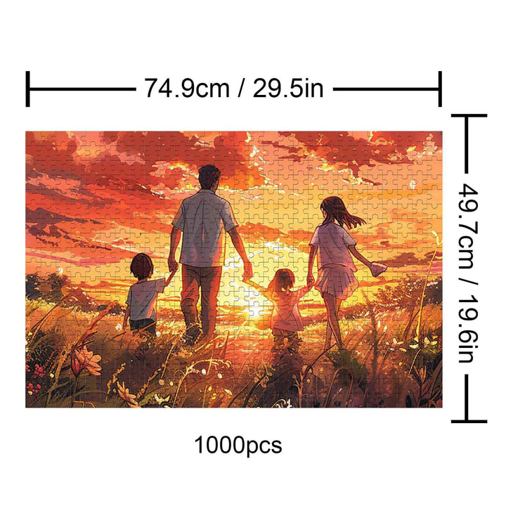 Towards the Sun 1000 piece puzzle featuring a family walking in a sunset scene, perfect for focused puzzle solvers.