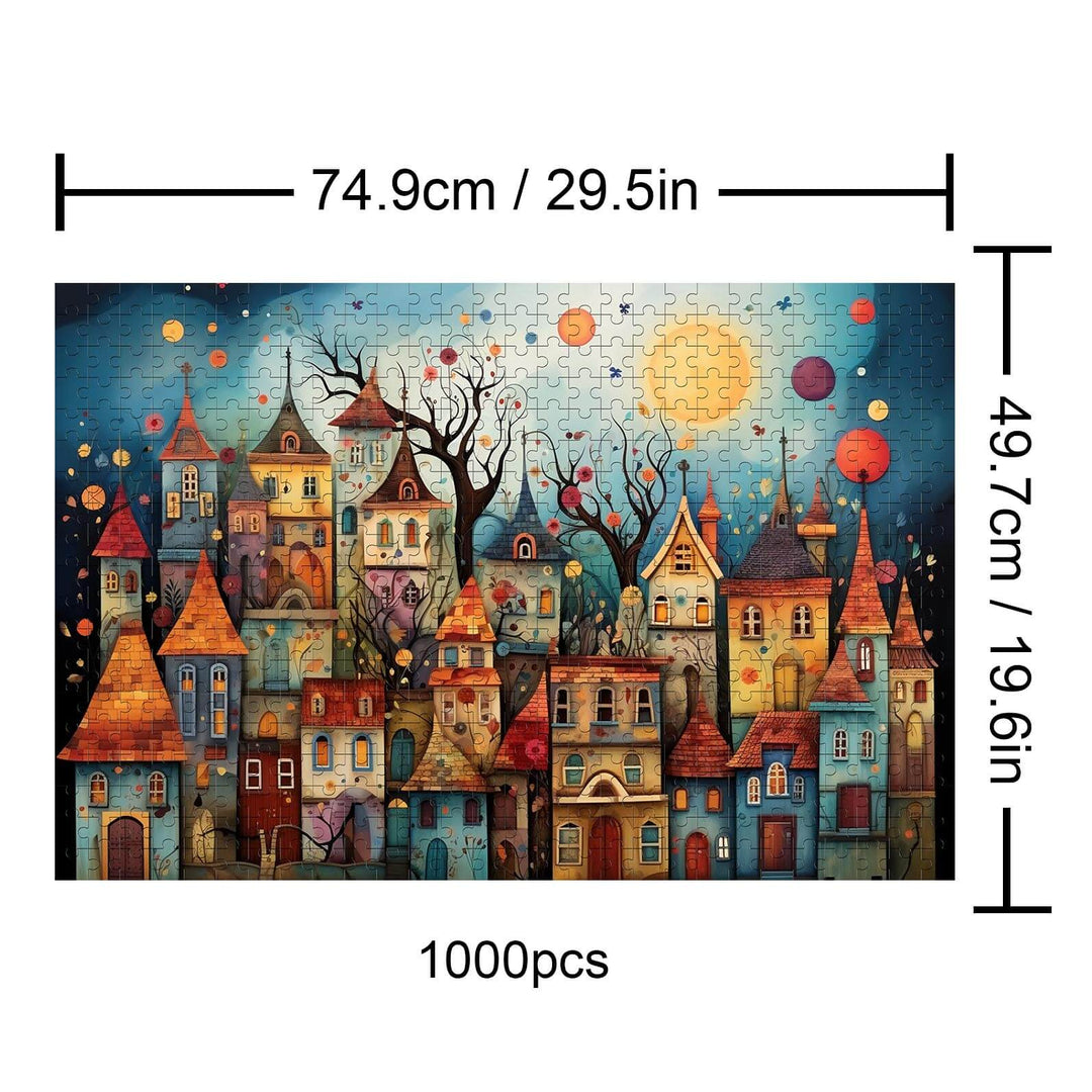 Weird Town 1000 piece puzzle featuring colorful buildings in a whimsical setting for mind games and focus.