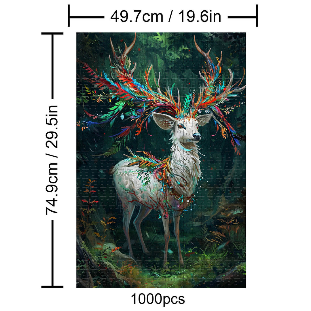 Colorful Deer 1000 piece puzzle artwork displaying a whimsical deer in a forest with vibrant antlers and intricate details.