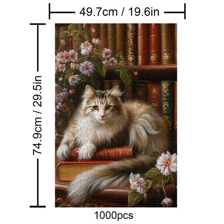 Cat resting on books in a cozy library, 1000 piece jigsaw puzzle for home entertainment and mental focus.