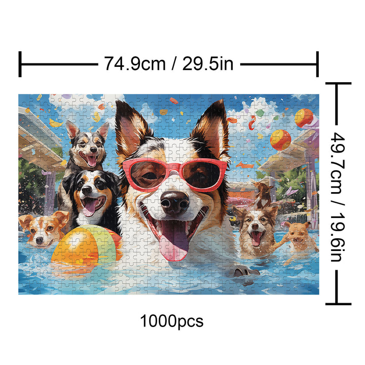 Puppy Pool 1000-piece puzzle featuring dogs in sunglasses enjoying a pool party, ideal for enhancing focus and mental skills.
