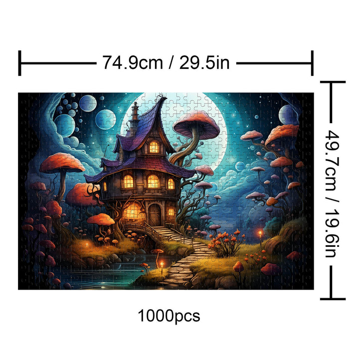 Weird Castle 1000 piece puzzle showcasing a whimsical house with mushrooms and a moonlit sky.