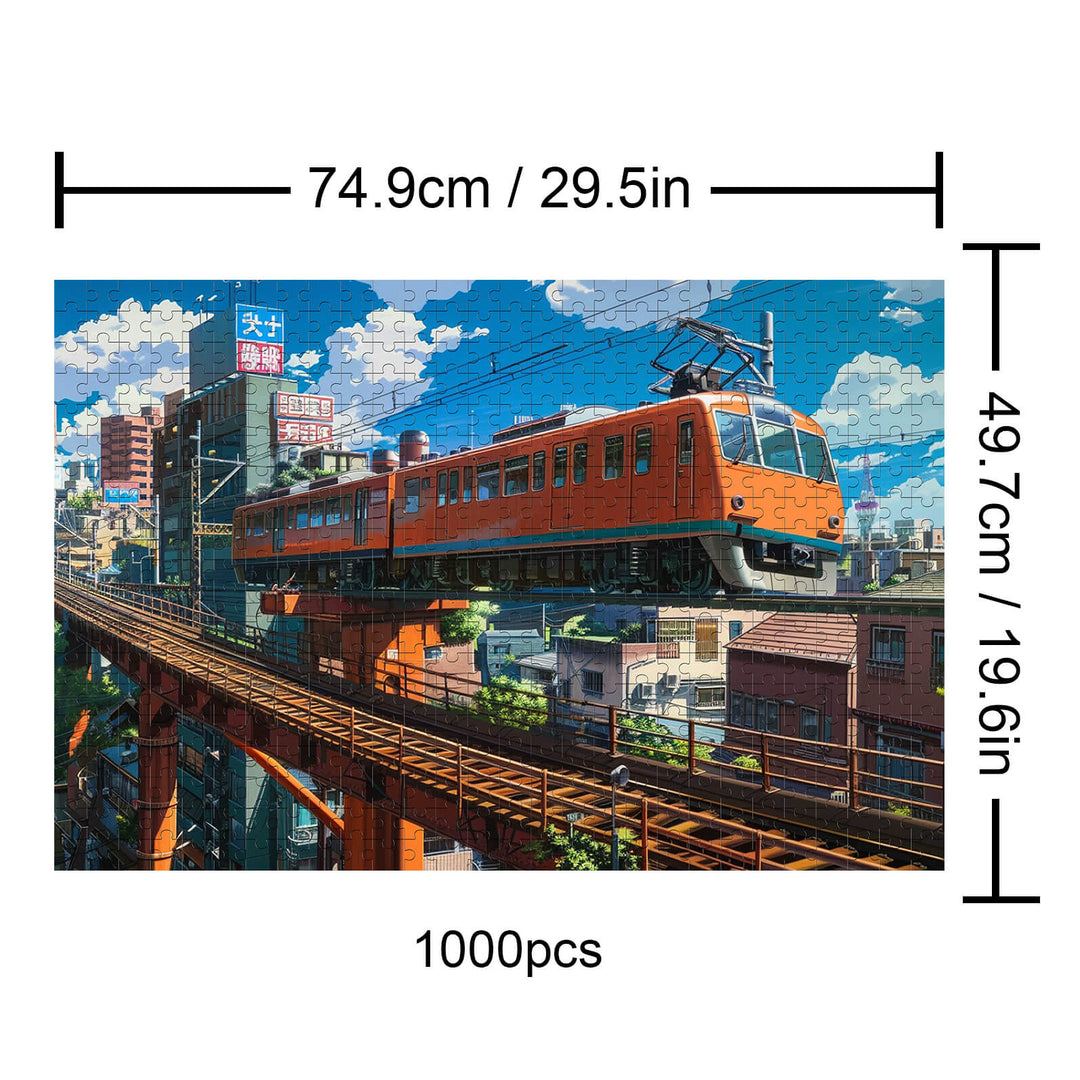 City Train 1000-piece puzzle featuring a vibrant orange train on elevated tracks in a city landscape.