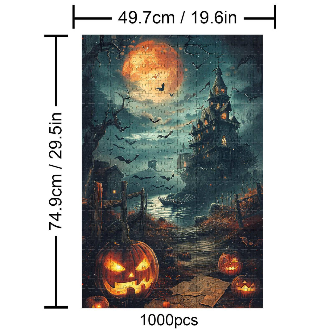 Halloween Treasure Hunt 1000-piece puzzle featuring spooky pumpkins and a haunted house under a full moon.