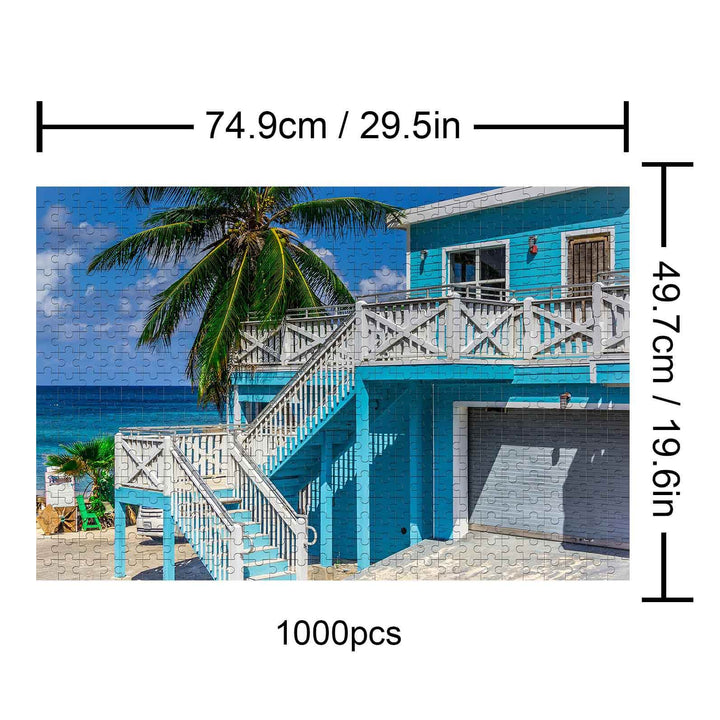 Summer Style 1000 Piece Puzzle featuring a serene beach house with palm trees, perfect for relaxation and mind games.