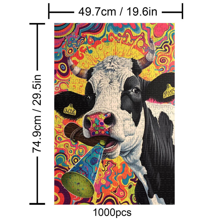 Crazy Cow 1000 piece jigsaw puzzle featuring a colorful cow design, perfect for brain games and enhancing focus.