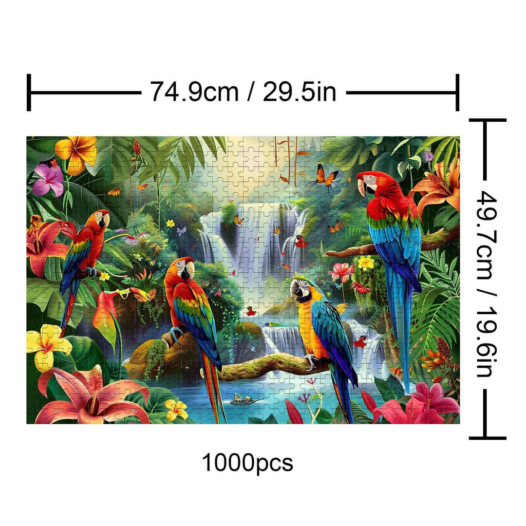 Tropical Rainforest puzzle featuring colorful parrots and tropical flora, perfect for mind games and enhancing focus.