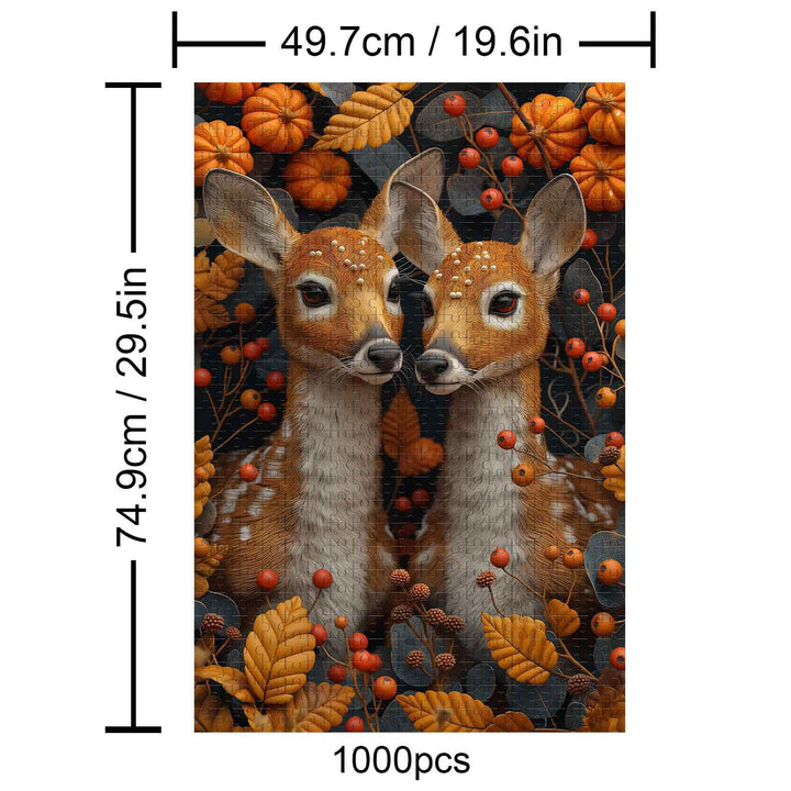Twin fawns 1000 piece jigsaw puzzle surrounded by autumn leaves and pumpkins, perfect for puzzle lovers and focus enhancement.
