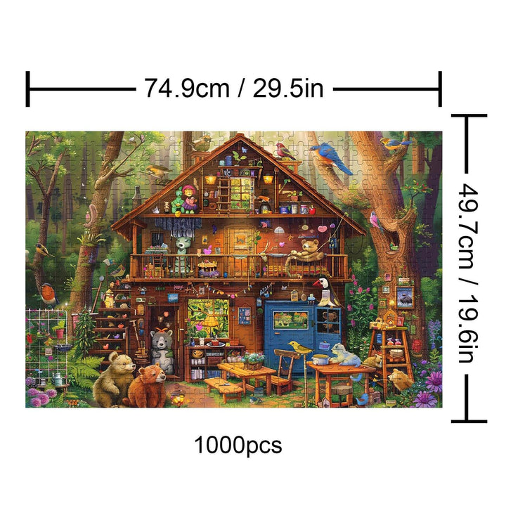 Cabin in the Woods 1000-piece puzzle featuring a tranquil forest scene with animals and a cozy cabin.