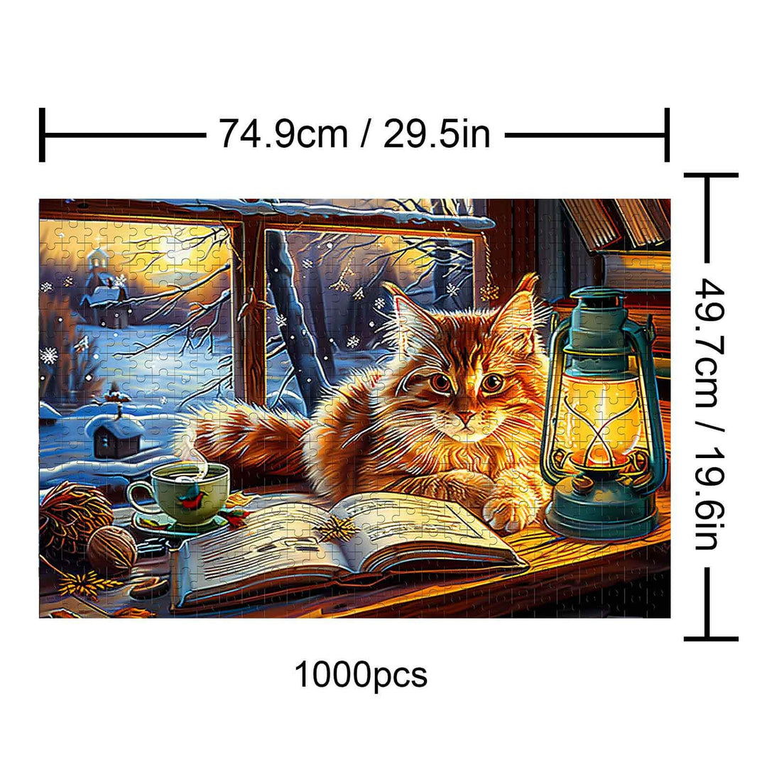 Winter Warmth 1000 piece puzzle featuring a cozy cat by a lantern and snow-filled window, perfect for jigsaw puzzle lovers.