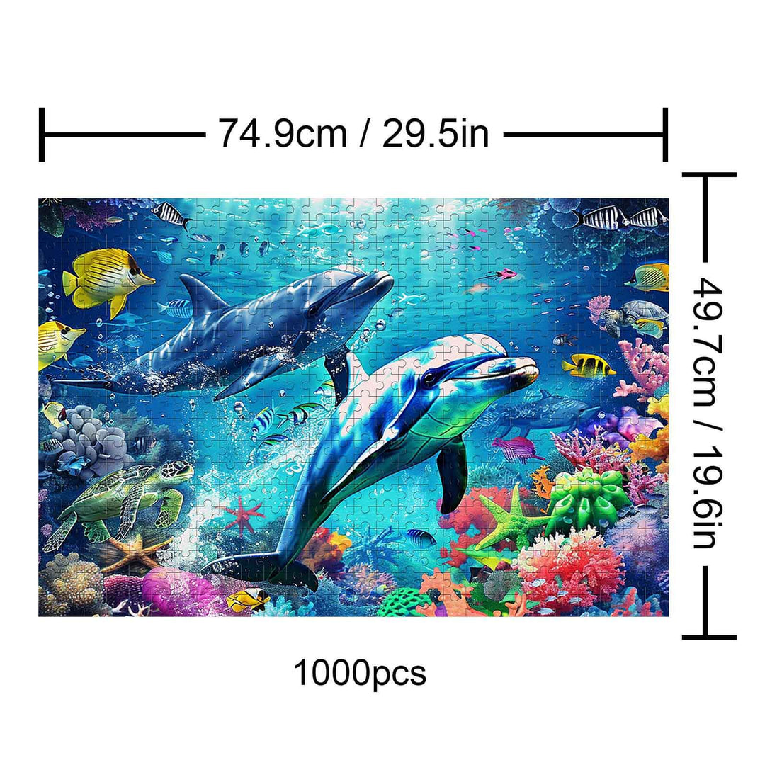 Undersea Paradise 1000-piece puzzle featuring colorful dolphins and vibrant marine life in a stunning underwater scene.