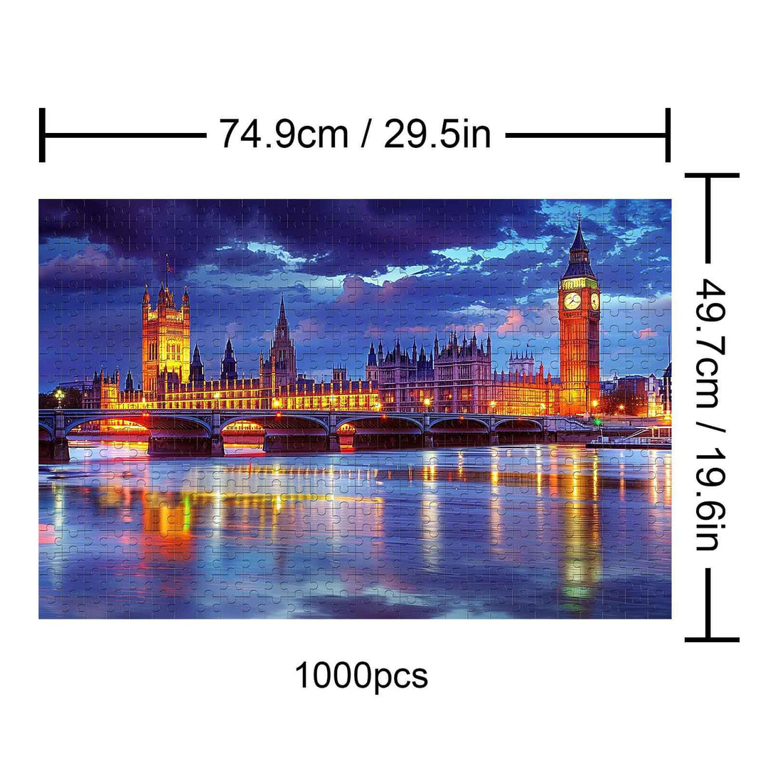 London Riverside Sunset 1000-piece puzzle showing Big Ben and iconic skyline at sunset for puzzle lovers.