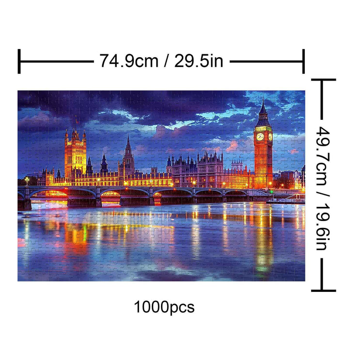 London Riverside Sunset 1000-piece puzzle showing Big Ben and iconic skyline at sunset for puzzle lovers.