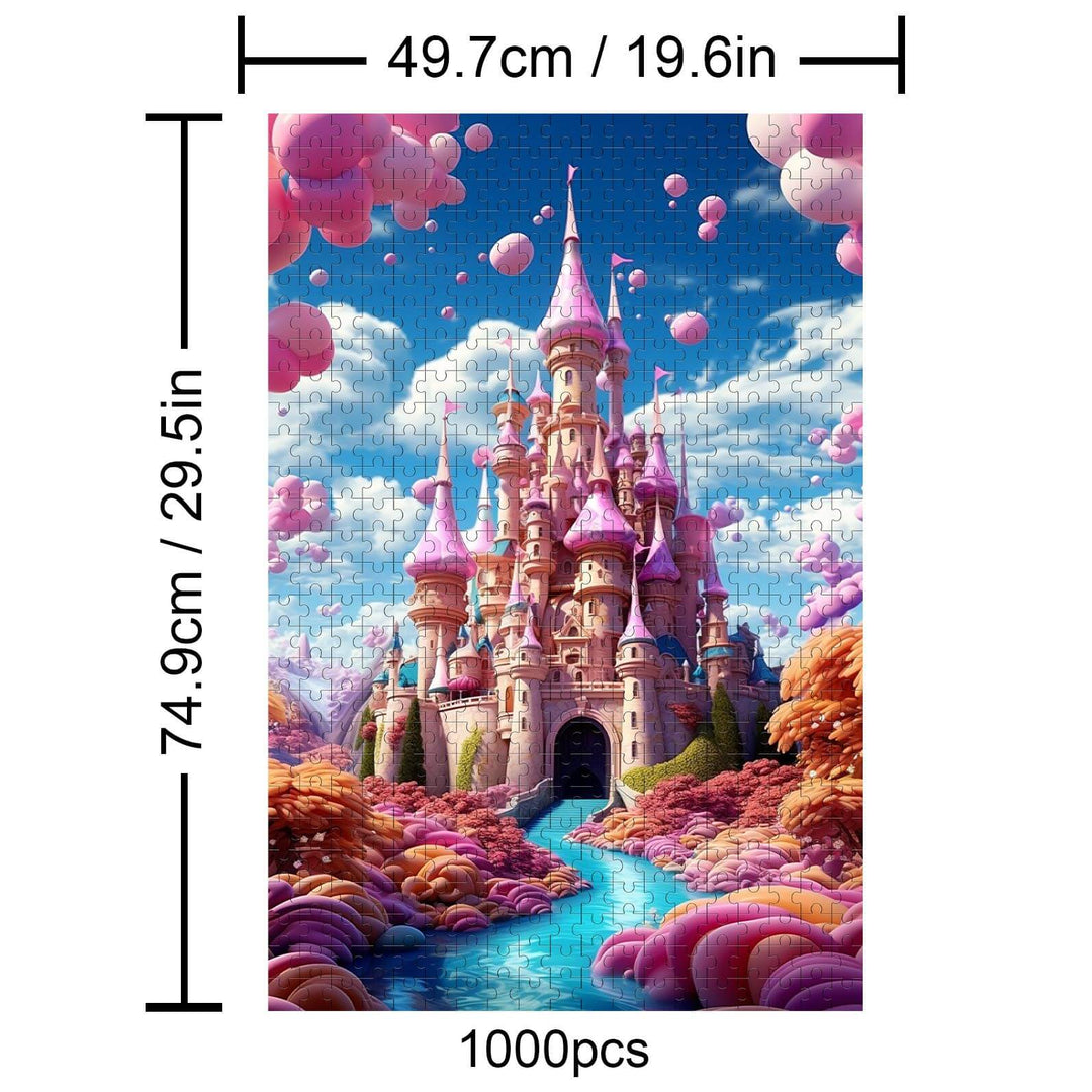 Dream Castle 1000 Piece Puzzle featuring a vibrant castle with balloons, designed for focused puzzle-solving.