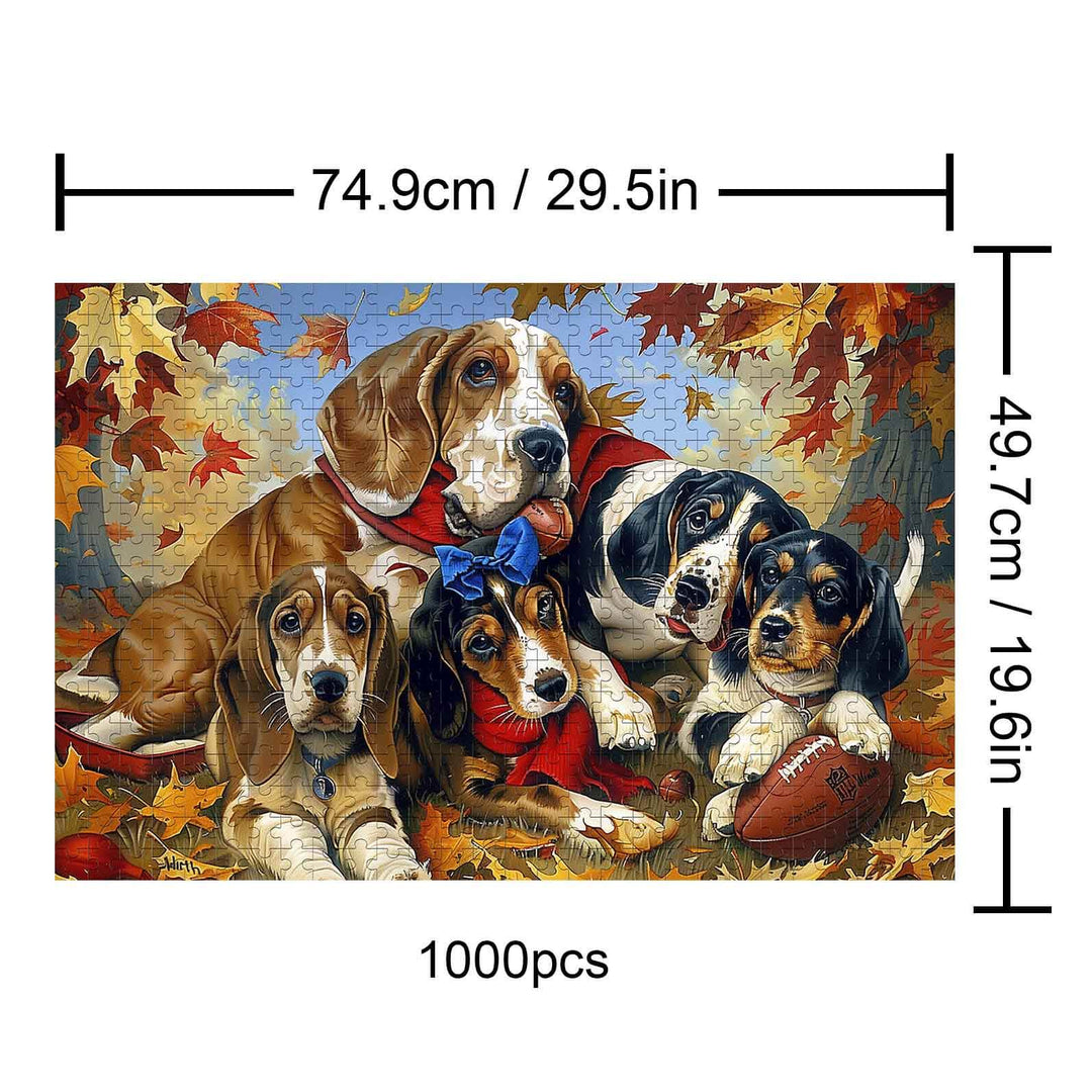 Basset Hound Family 1000 piece puzzle showcasing playful dogs in autumn leaves, perfect for mind games and focused fun.