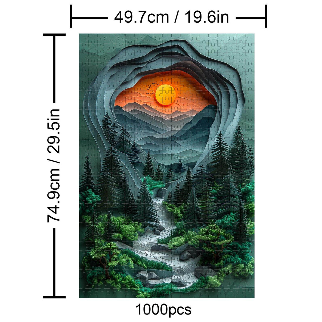 Jungle Sunset 1000 piece jigsaw puzzle featuring a vibrant sunset over mountainous terrain and a flowing river.