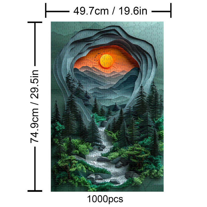 Jungle Sunset 1000 piece jigsaw puzzle featuring a vibrant sunset over mountainous terrain and a flowing river.