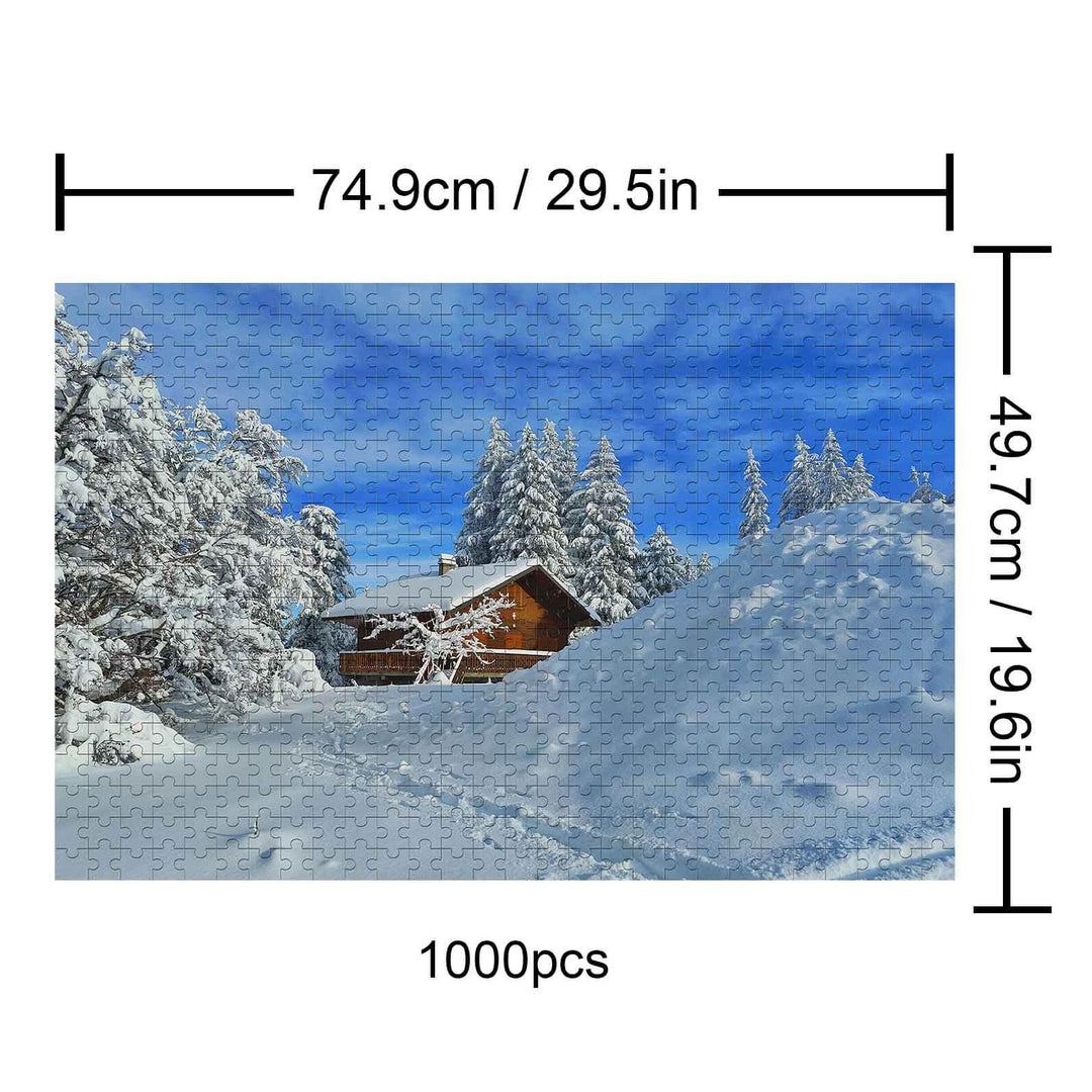 Snow Cabin 1000 piece puzzle featuring a snowy landscape and a cozy cabin among frosty trees.