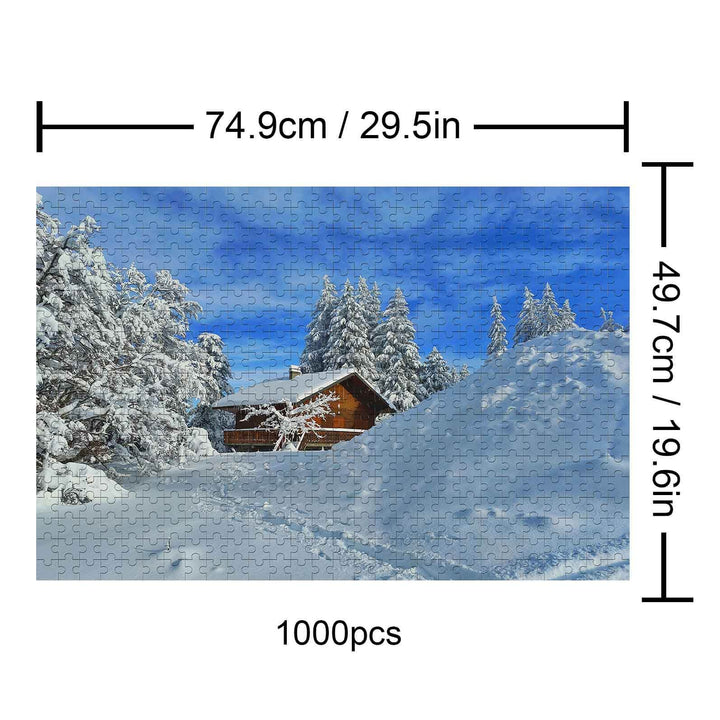 Snow Cabin 1000 piece puzzle featuring a snowy landscape and a cozy cabin among frosty trees.