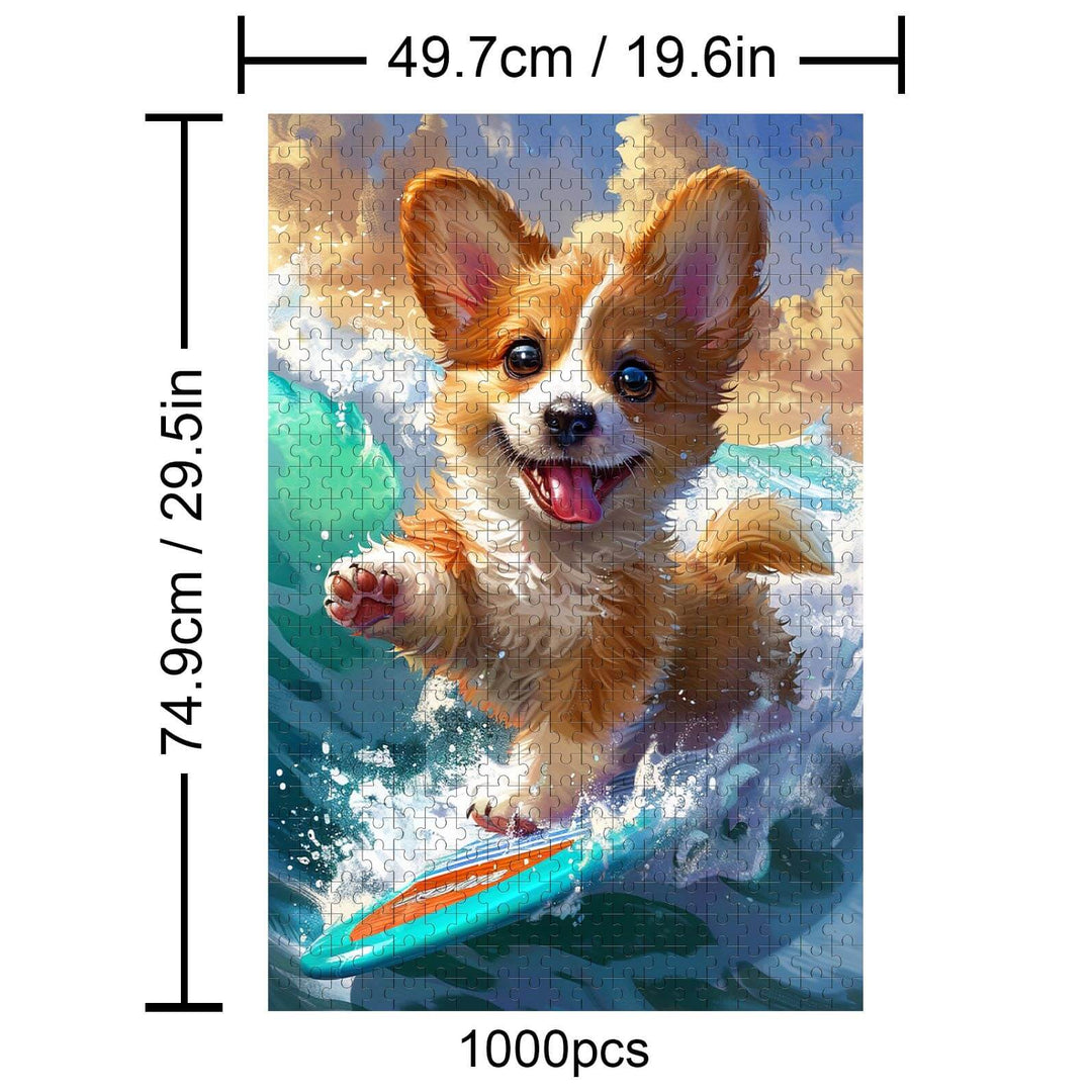 Colorful 1000-piece Surfing Corgi jigsaw puzzle, perfect for enhancing focus and cognitive skills.