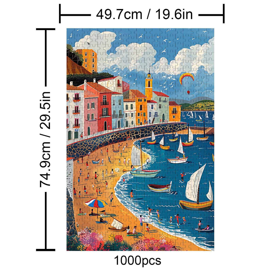 City Beach 1000 piece puzzle showcasing vibrant coastal scenery with boats and beachgoers, designed for mind engagement.