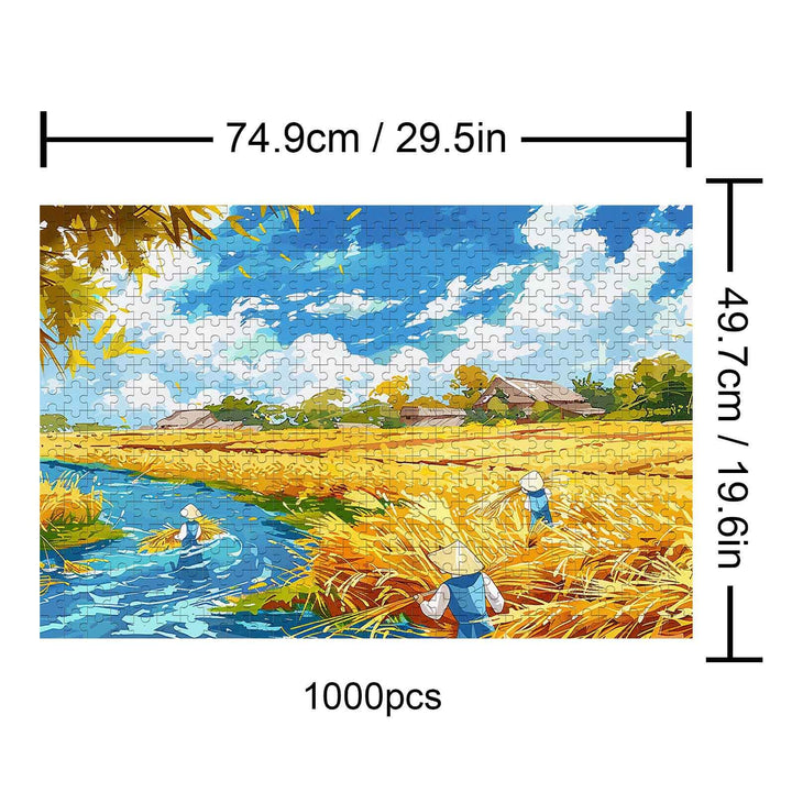 Pastoral Autumn 1000 piece jigsaw puzzle depicting a vibrant landscape with farmers and golden fields.