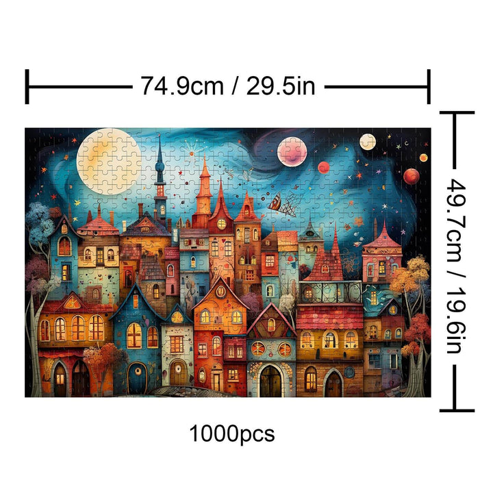 Weird Town-2 1000 piece puzzle featuring a colorful whimsical village under a starry sky, promoting focus and creativity.