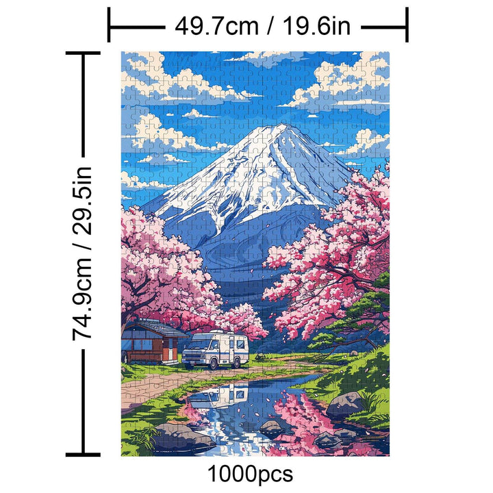 1000-piece Mount Fuji puzzle featuring cherry blossoms and a serene river; perfect for jigsaw puzzle lovers and brain training.