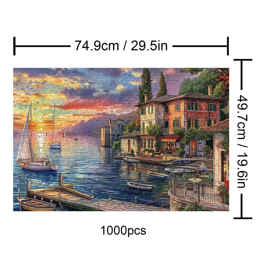Golden Twilight Haven 1000 piece puzzle showcasing a serene lakeside sunset, perfect for jigsaw puzzle enthusiasts.