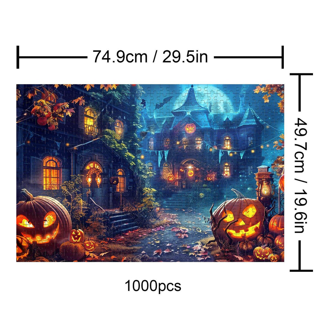 Halloween Castle 1000 piece puzzle featuring spooky pumpkins and a haunted house, perfect for puzzle enthusiasts.