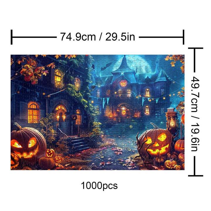 Halloween Castle 1000 piece puzzle featuring spooky pumpkins and a haunted house, perfect for puzzle enthusiasts.
