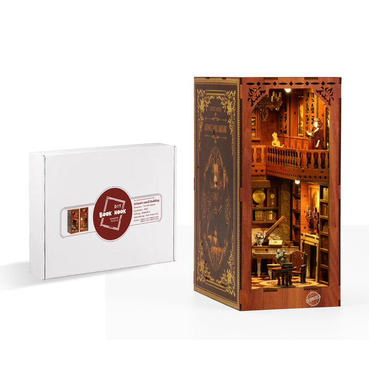 Grimm's Small Building 3D Wooden Puzzle DIY Book Nook Kit showcasing musical theme design and detailed interior.