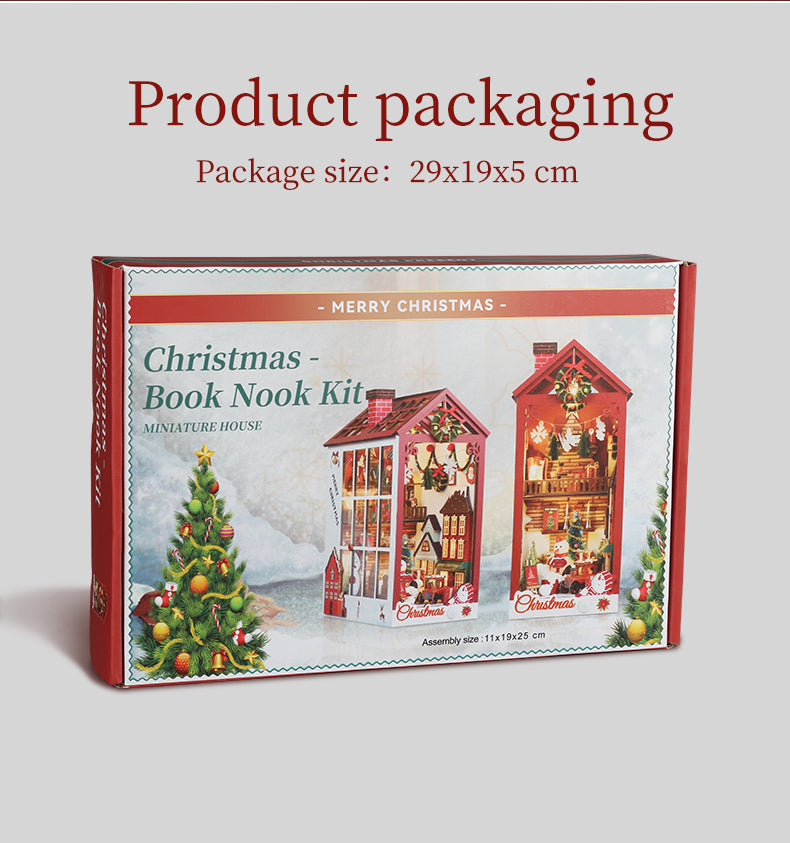 Merry Christmas DIY Book Nook Kit packaging, 29x19x5 cm, featuring miniature house design and festive decorations.