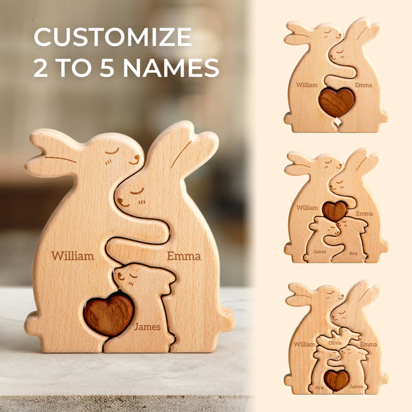 Personalized wooden rabbit family puzzle, customizable with 2 to 5 names, perfect gift for family celebrations.