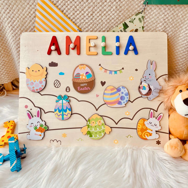 Puzzle en bois personnalisé avec prénom - Jouet lapin de Pâques et œuf pour tout-petits