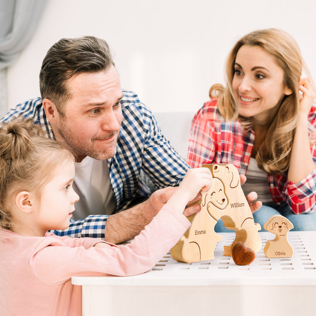Family engaging with a personalized wooden name puzzle, showcasing love and togetherness in their home.