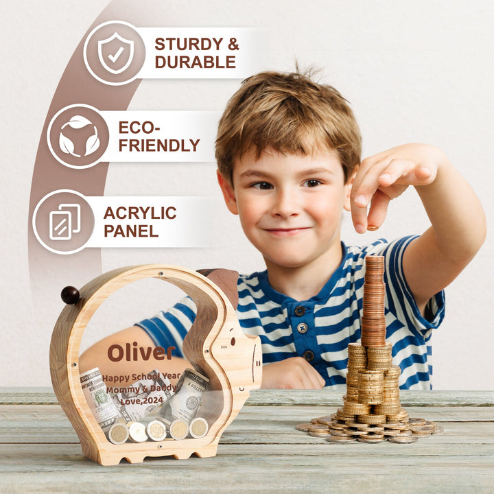 Child using eco-friendly custom piggy bank made from wood and acrylic, stacking coins for money-saving fun.